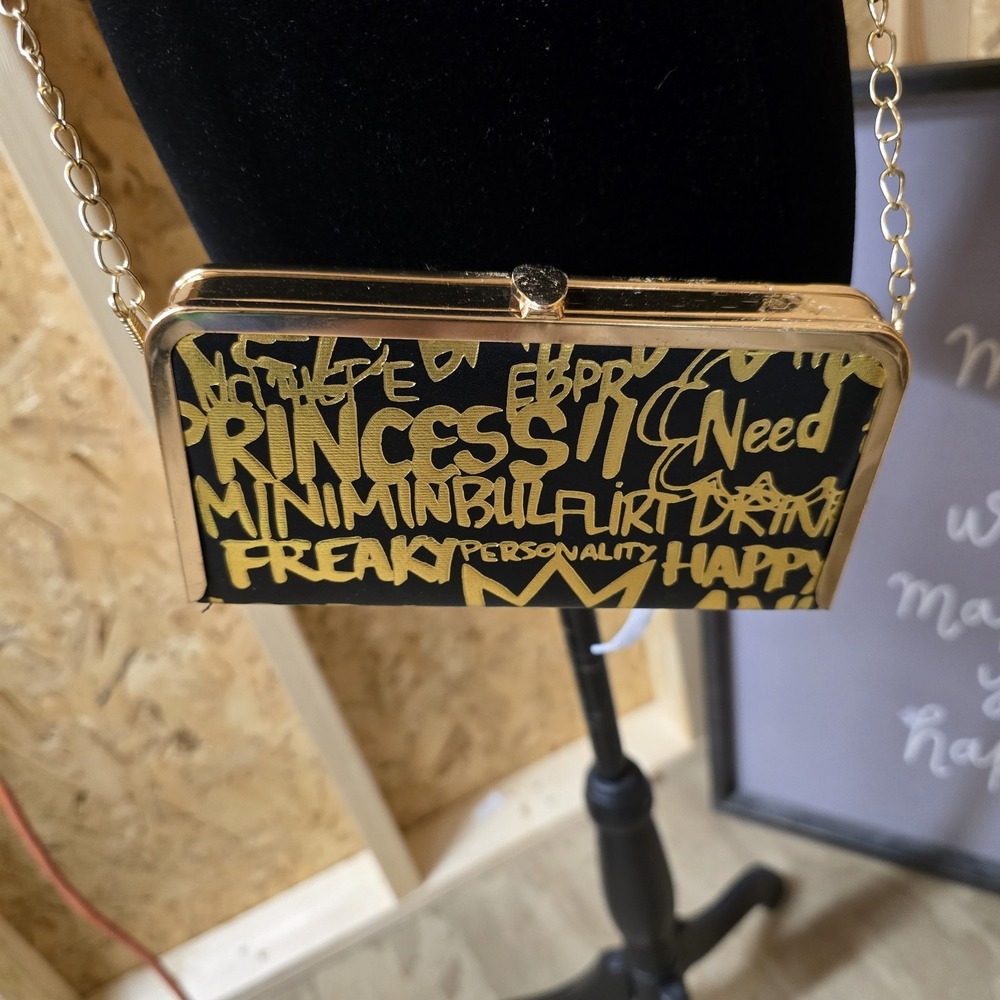 Graffiti Print Box Clutch Gold Black Princess Script Crossbody Bag‎ Handbag